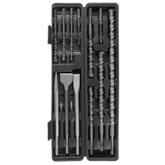   Szerszámkészlet SDS + 12 db Fúrók 4x110, 6x110, 12x160, 14x210, 16x210, 18x300, 1x Hegyesvéső 14x25