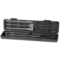   Szerszámkészlet SDS + 12 db Fúrók 4x110, 6x110, 12x160, 14x210, 16x210, 18x300, 1x Hegyesvéső 14x25