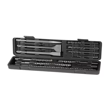 Szerszámkészlet SDS + 12 db Fúrók 4x110, 6x110, 12x160, 14x210, 16x210, 18x300, 1x Hegyesvéső 14x25