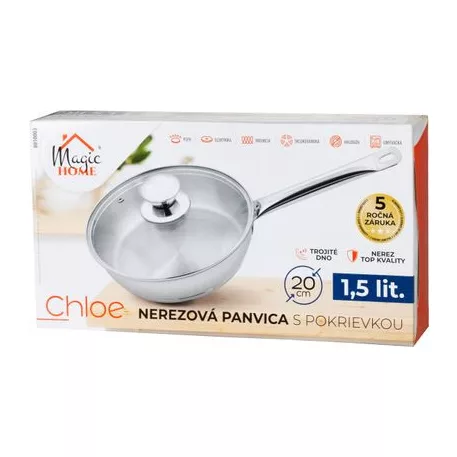Serpenyő MagicHome Chloe, 20 cm, 1,5 liter, üvegfedővel, rozsdamentes