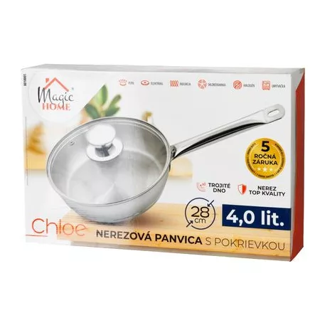 Serpenyő MagicHome Chloe, 28 cm, 4 liter, üvegfedővel, rozsdamentes