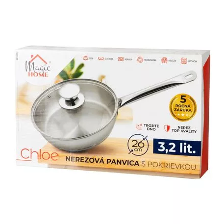 Serpenyő MagicHome Chloe, 26 cm, 3,2 liter, üvegfedővel, rozsdamentes