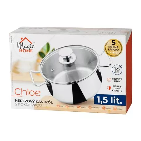 MagicHome Chloe lábas, 16 cm, 1,5 l, üvegfedővel, rozsdamentes acél