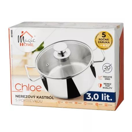 Lábas MagicHome Chloe, edény, 20 cm, 3 liter, üvegfedővel, rozsdamentes acél