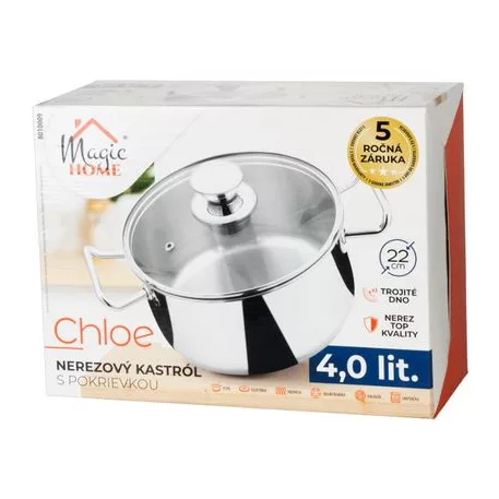 Lábas MagicHome Chloe, edény, 22 cm, 4 liter, üvegfedővel, rozsdamentes acél
