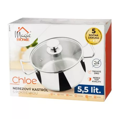 Lábas MagicHome Chloe, edény, 24 cm, 5,5 liter, üvegfedővel, rozsdamentes acél