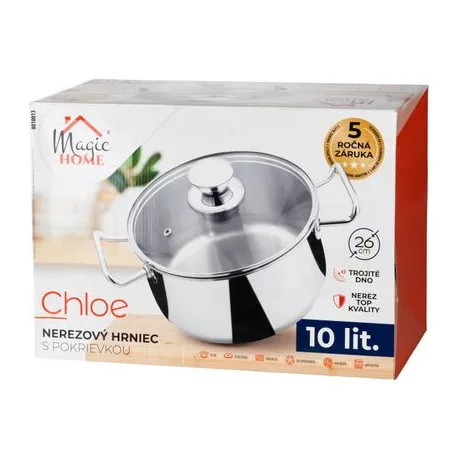 Edény MagicHome Chloe, 26 cm, 10 liter, üvegfedővel, rozsdamentes acél