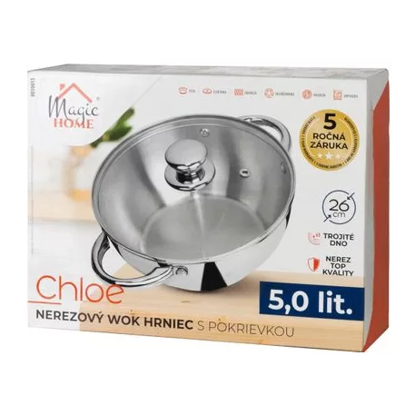 Wok edény MagicHome Chloe, 26 cm, 5 liter, üvegfedővel, rozsdamentes acél