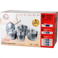   Étkészlet MagicHome Chloe, serpenyő 24 cm, 3x lábas (3l, 4l és 6,6 l), nyeles lábas 2l, üveg fedővel