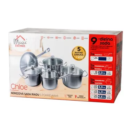 Étkészlet MagicHome Chloe, serpenyő 24 cm, 3x lábas (3l, 4l és 6,6 l), nyeles lábas 2l, üveg fedővel