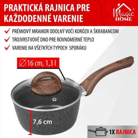 MagicHome Black Marble Line lábas, üvegfedővel, 16 cm