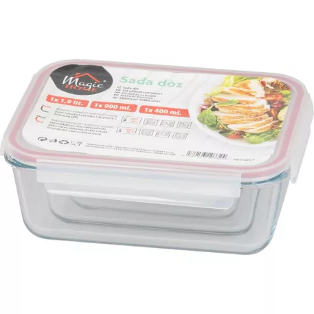 MagicHome 3 db-os négyzet üveg tárolóedény szett, fedővel, 400/900/1900 ml