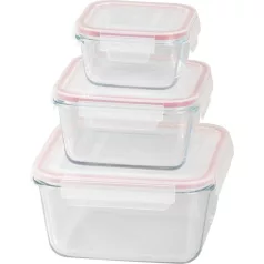   MagicHome 3 db-os négyzet üveg tárolóedény szett, fedővel, 450/1000/1900 ml