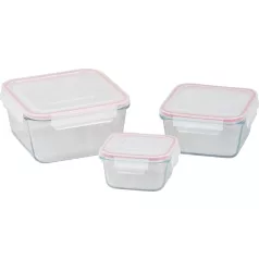   MagicHome 3 db-os négyzet üveg tárolóedény szett, fedővel, 450/1000/1900 ml