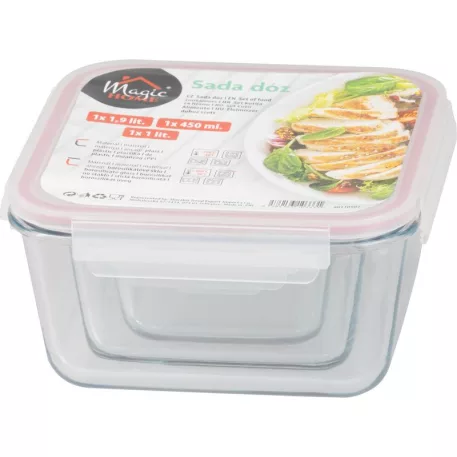 MagicHome 3 db-os négyzet üveg tárolóedény szett, fedővel, 450/1000/1900 ml