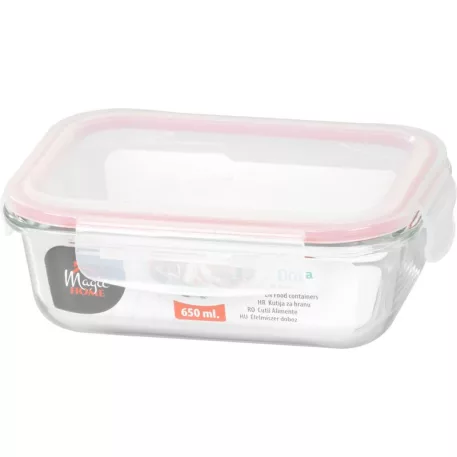 MagicHome üveg tárolóedény, téglalap alakú, 650 ml, fedővel, Clip