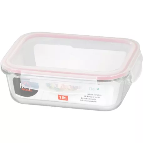 MagicHome üveg tárolóedény, téglalap alakú 1000 ml, fedővel, Clip