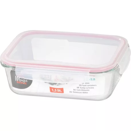 MagicHome üveg tárolóedény, téglalap alakú, 1500 ml, fedővel, Clip