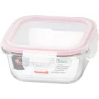 MagicHome üveg tárolóedény, négyzet alakú 520 ml, fedővel, Clip