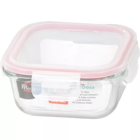 MagicHome üveg tárolóedény, négyzet alakú 520 ml, fedővel, Clip