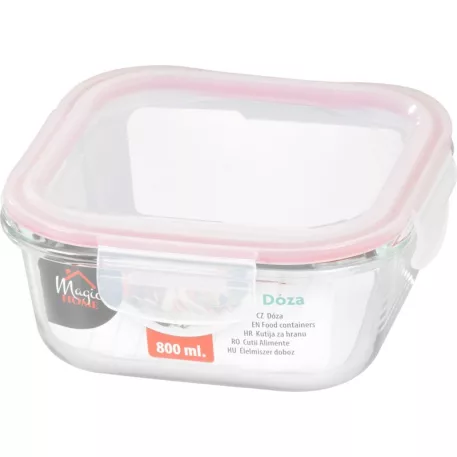 MagicHome üveg tárolóedény, négyzet alakú 800 ml, fedővel, Clip
