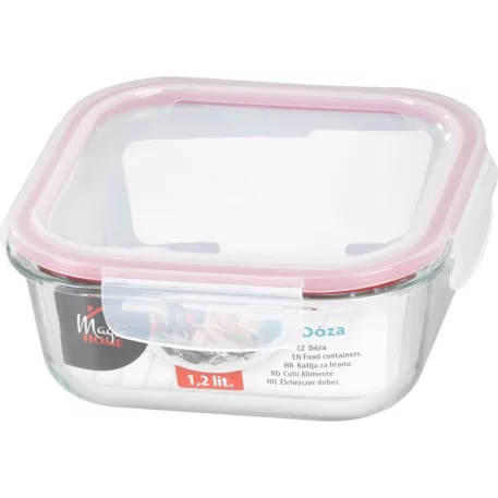 MagicHome üveg tárolóedény, négyzet alakú, 1200 ml, fedővel, Clip