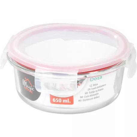 MagicHome üveg tárolóedény, kerek, 650 ml, fedővel, Clip