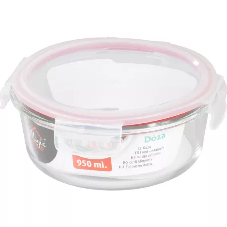 MagicHome üveg tárolóedény, kerek, 950 ml, fedővel, Clip