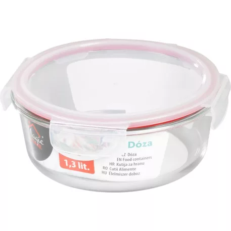 MagicHome üveg tárolóedény, kerek, 1300 ml, fedővel, Clip