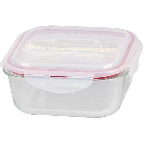 MagicHome üveg tárolóedény, négyzet alakú 1200 ml, evőeszközzel, Clip