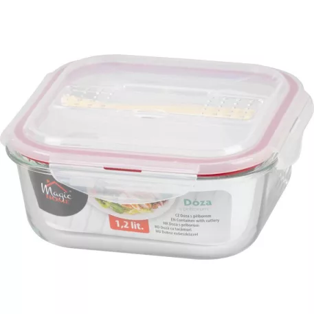 MagicHome üveg tárolóedény, négyzet alakú 1200 ml, evőeszközzel, Clip