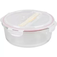   MagicHome üveg tárolóedény, kerek, 1200 ml, fedővel, evőeszközzel