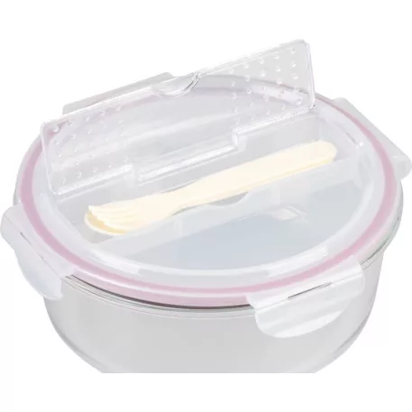 MagicHome üveg tárolóedény, kerek, 1200 ml, fedővel, evőeszközzel