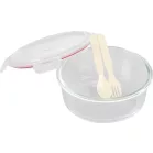 MagicHome üveg tárolóedény, kerek, 1200 ml, fedővel, evőeszközzel