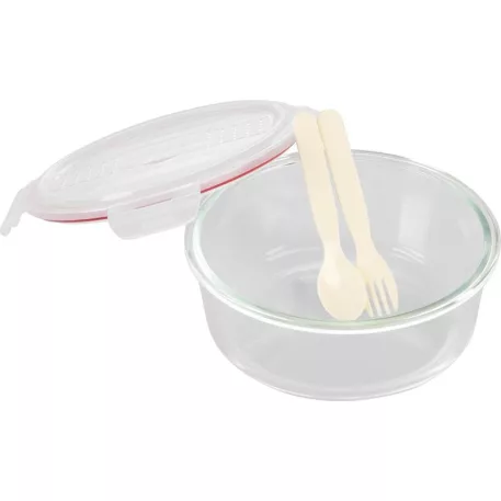 MagicHome üveg tárolóedény, kerek, 1200 ml, fedővel, evőeszközzel