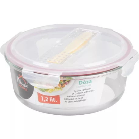 MagicHome üveg tárolóedény, kerek, 1200 ml, fedővel, evőeszközzel