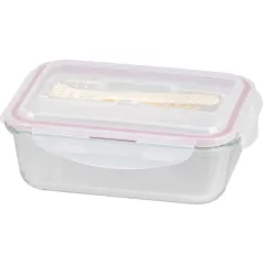   MagicHome üveg tárolóedény, téglalap alakú, 1000 ml, fedővel, evőeszközzel, Clip