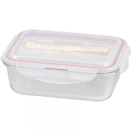 MagicHome üveg tárolóedény, téglalap alakú, 1000 ml, fedővel, evőeszközzel, Clip