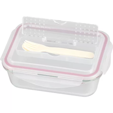 MagicHome üveg tárolóedény, téglalap alakú, 1000 ml, fedővel, evőeszközzel, Clip