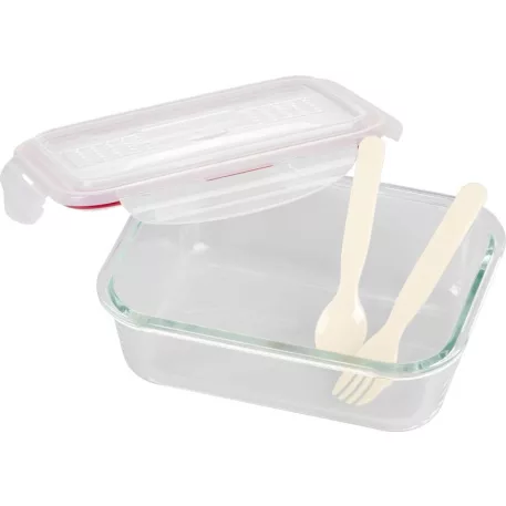 MagicHome üveg tárolóedény, téglalap alakú, 1000 ml, fedővel, evőeszközzel, Clip