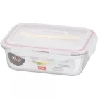 MagicHome üveg tárolóedény, téglalap alakú, 1000 ml, fedővel, evőeszközzel, Clip