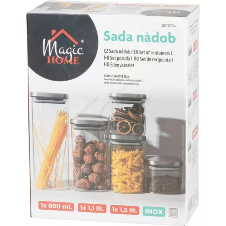 MagicHome 3 db-os üveg tárolóedény készlet, 800/1100/1500 ml, rozsdamentes acél fedéllel