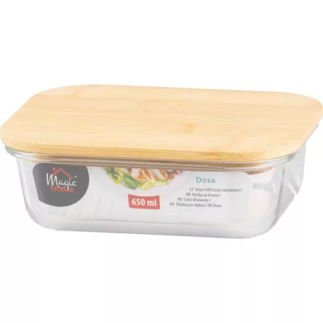 Tároló MagicHome, üveg, téglalap alakú, 650 ml, bambusz fedéllel