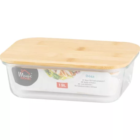 Tároló MagicHome, üveg, téglalap alakú, 1000 ml, bambusz fedéllel