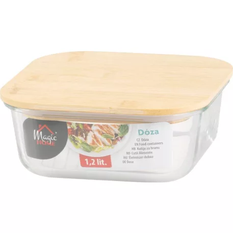 Tároló MagicHome, üveg, négyzetes, 1200 ml, bambusz fedéllel
