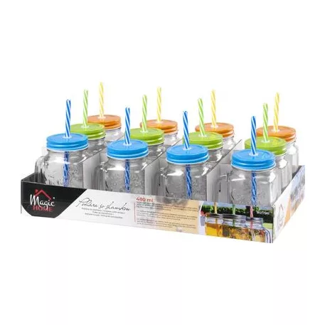 MagicHome üvegpohár szívószállal, színes tetővel, 480 ml