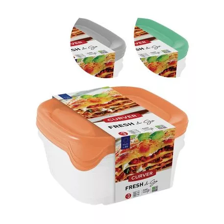 Curver® Set Ételhordozó doboz, 3x0,8L, menta/szürke/barack színkeverék, 15,5x15,5x11 cm