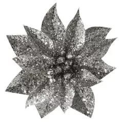 Virág Glitterpoinsettia, Csipeszel, Ezüst, 9x8 cm, 6 db