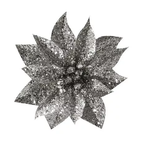 Virág Glitterpoinsettia, Csipeszel, Ezüst, 9x8 cm, 6 db