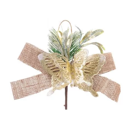 MagicHome karácsonyi díszfaág pillangóval, arany színű, 18 cm